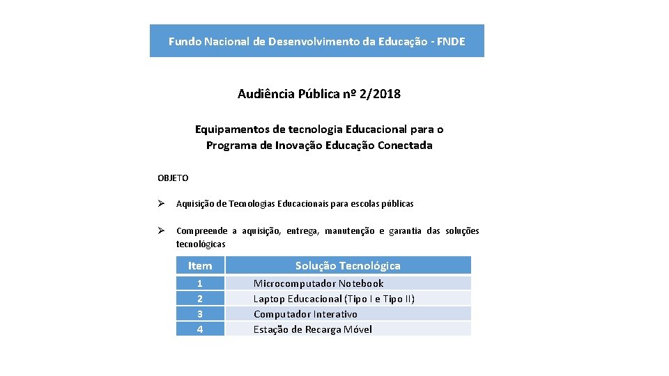 Fundo Nacional de Desenvolvimento da Educação - FNDE Audiência Pública nº 2/2018 Equipamentos de