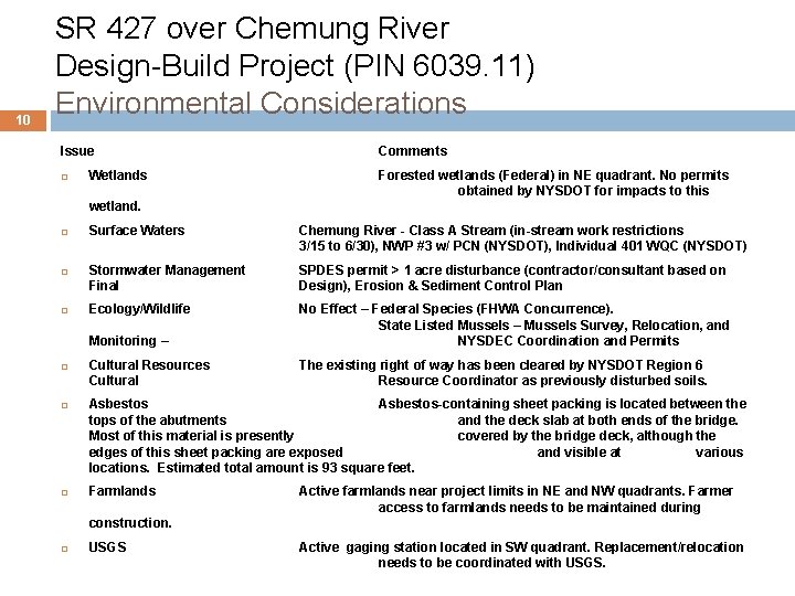 10 SR 427 over Chemung River Design-Build Project (PIN 6039. 11) Environmental Considerations Issue