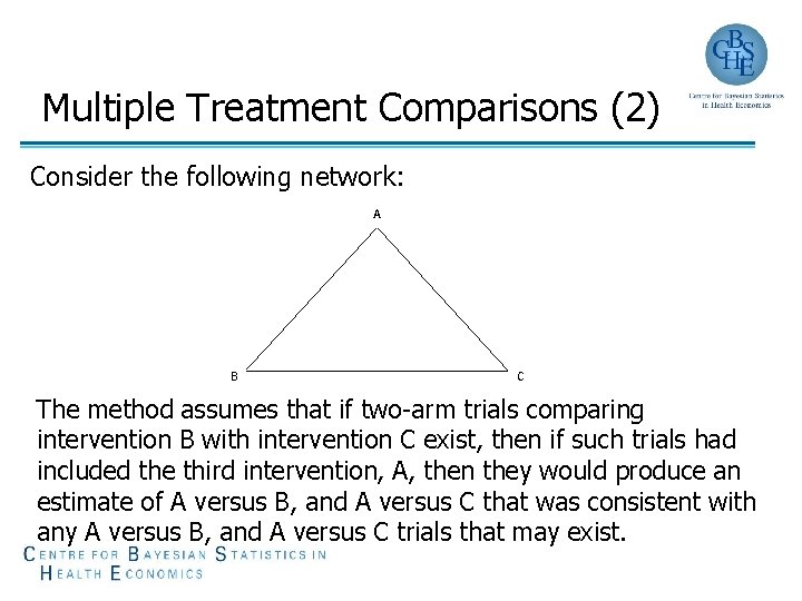 Multiple Treatment Comparisons (2) Consider the following network: A B C The method assumes
