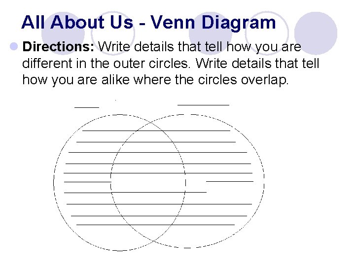 All About Us - Venn Diagram l Directions: Write details that tell how you