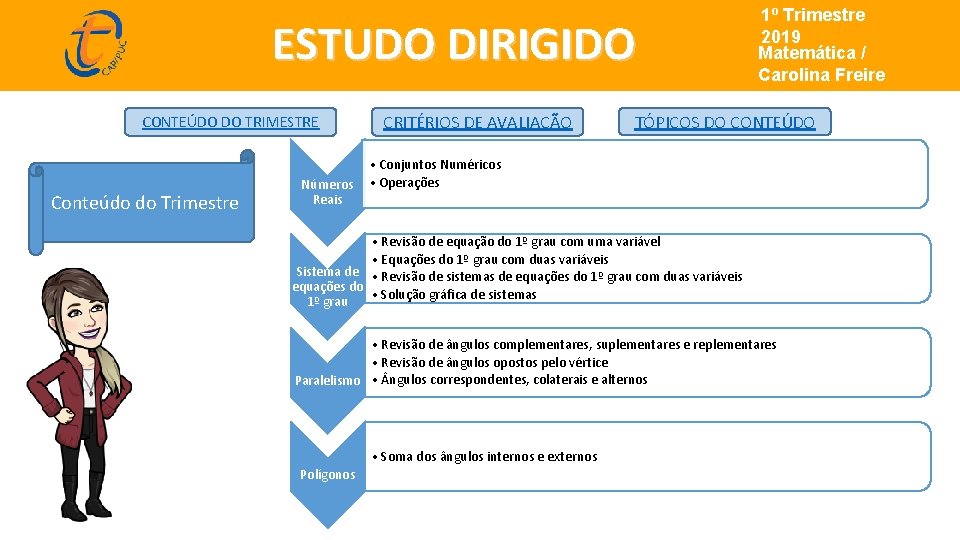 ESTUDO DIRIGIDO CONTEÚDO DO TRIMESTRE Conteúdo do Trimestre CRITÉRIOS DE AVALIAÇÃO 1º Trimestre 2019