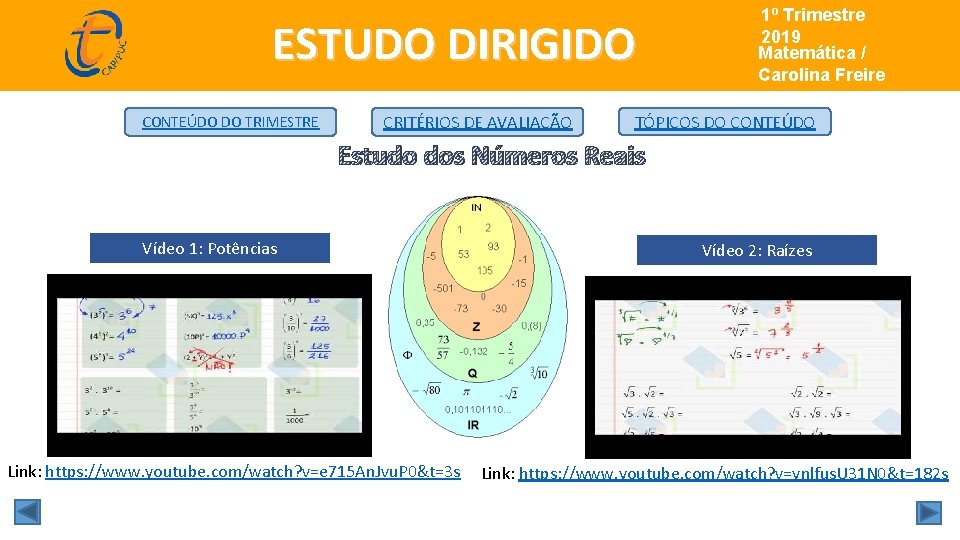 ESTUDO DIRIGIDO CONTEÚDO DO TRIMESTRE CRITÉRIOS DE AVALIAÇÃO 1º Trimestre de 2019 Matemática/ Matemática