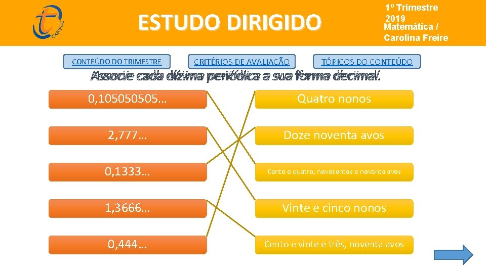 1º Trimestre de 2019 Matemática - Carolina Freire 2019 – 8º ano Matemática/ Matemática