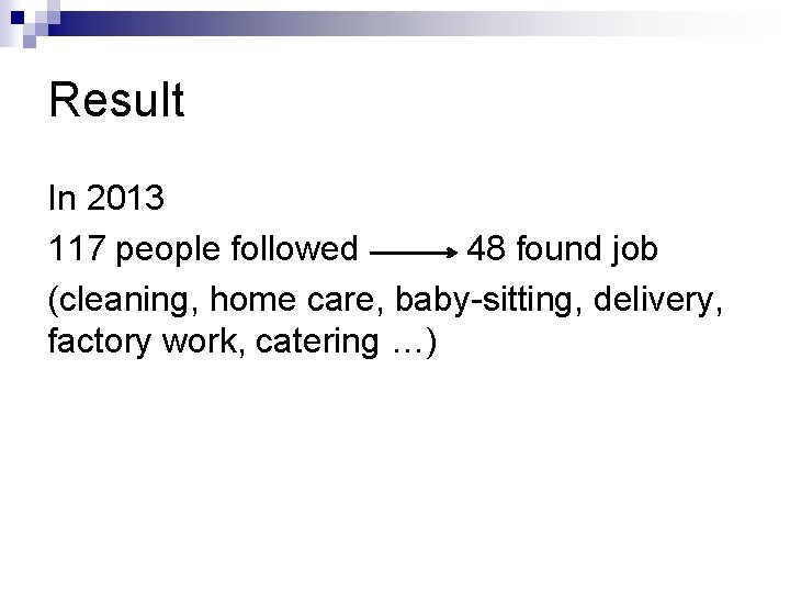 Result In 2013 117 people followed 48 found job (cleaning, home care, baby-sitting, delivery,