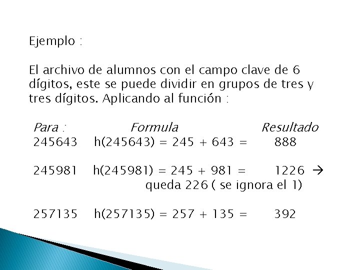 Ejemplo : El archivo de alumnos con el campo clave de 6 dígitos, este
