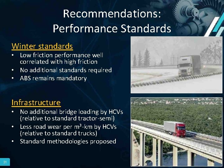 Recommendations: Performance Standards Winter standards • Low friction performance well correlated with high friction
