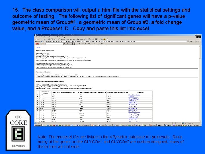 15. The class comparison will output a html file with the statistical settings and