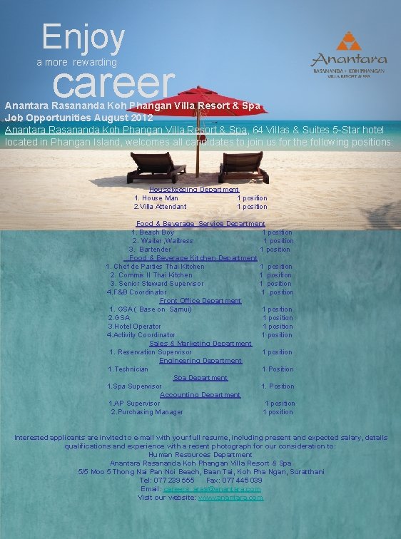 Enjoy a more rewarding career Anantara Rasananda Koh Phangan Villa Resort & Spa Job