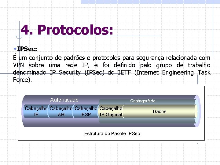 4. Protocolos: w. IPSec: É um conjunto de padrões e protocolos para segurança relacionada