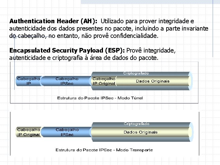 Authentication Header (AH): Utilizado para prover integridade e autenticidade dos dados presentes no pacote,