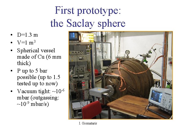 First prototype: the Saclay sphere • D=1. 3 m • V=1 m 3 •