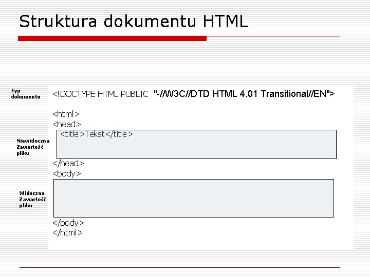 Struktura dokumentu HTML Typ dokumentu <!DOCTYPE HTML PUBLIC "-//W 3 C//DTD HTML 4. 01