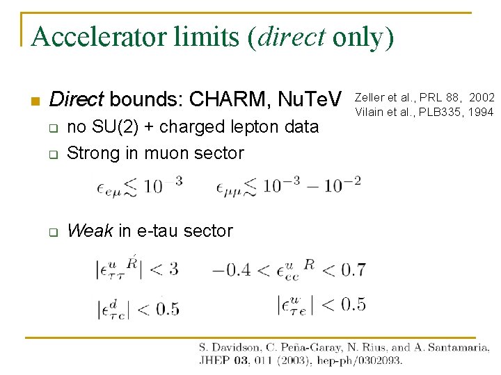 Accelerator limits (direct only) n Direct bounds: CHARM, Nu. Te. V q no SU(2)