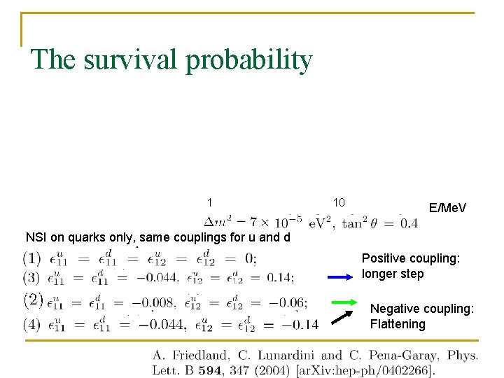 The survival probability 1 10 E/Me. V NSI on quarks only, same couplings for