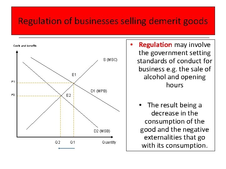 Regulation of businesses selling demerit goods Costs and benefits S (MSC) E 1 P