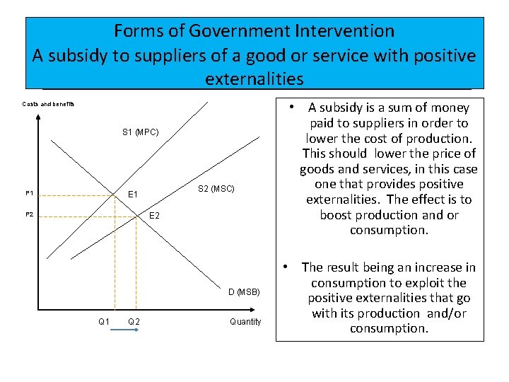 Forms of Government Intervention A subsidy to suppliers of a good or service with