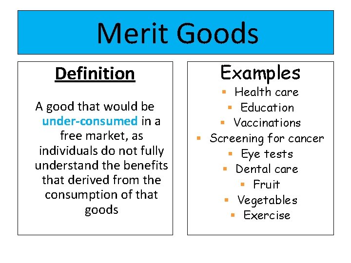 Merit Goods Definition A good that would be under-consumed in a free market, Merit Goods Definition A good that would be under-consumed in a free market,