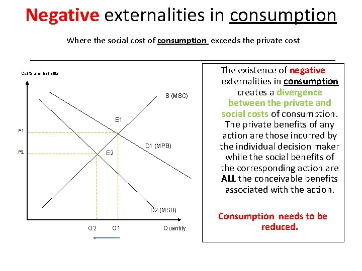 Negative externalities in consumption Where the social cost of consumption exceeds the private cost Negative externalities in consumption Where the social cost of consumption exceeds the private cost
