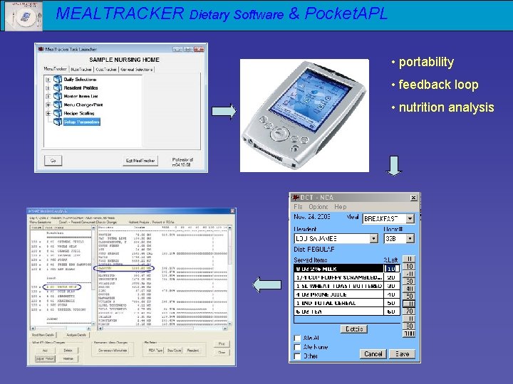 MEALTRACKER Dietary Software & Pocket. APL • portability • feedback loop • nutrition analysis