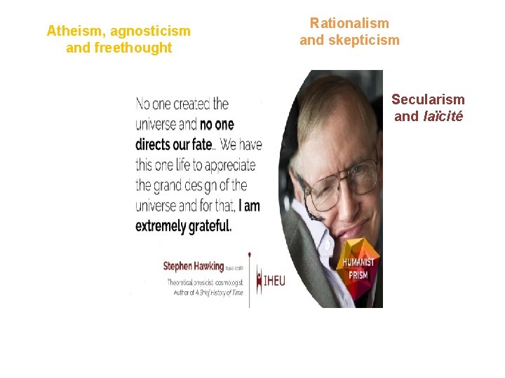 Atheism, agnosticism and freethought Rationalism and skepticism Secularism and laïcité 