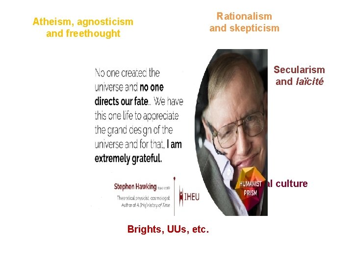 Atheism, agnosticism and freethought Rationalism and skepticism Secularism and laïcité Ethical culture Brights, UUs,