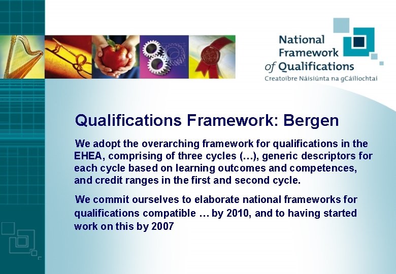 Qualifications Framework: Bergen We adopt the overarching framework for qualifications in the EHEA, comprising