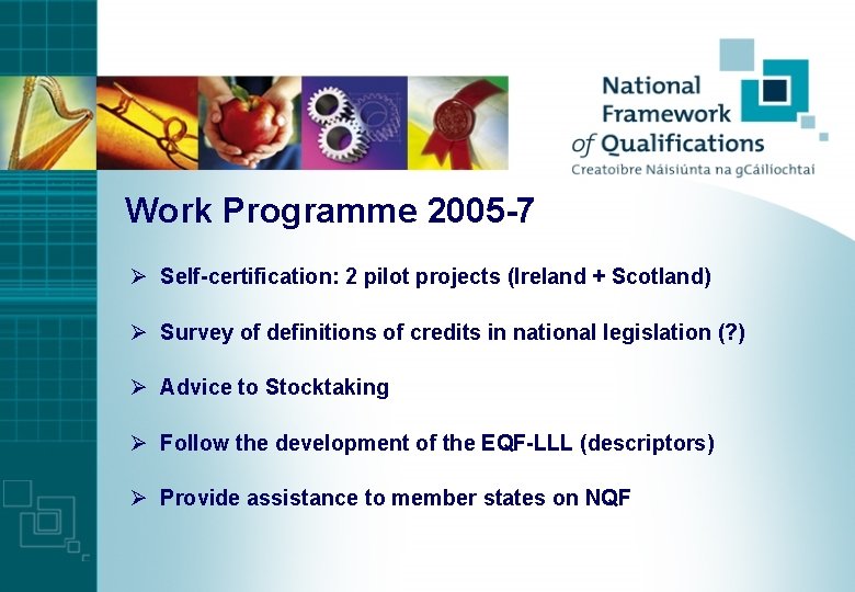 Work Programme 2005 -7 Ø Self-certification: 2 pilot projects (Ireland + Scotland) Ø Survey