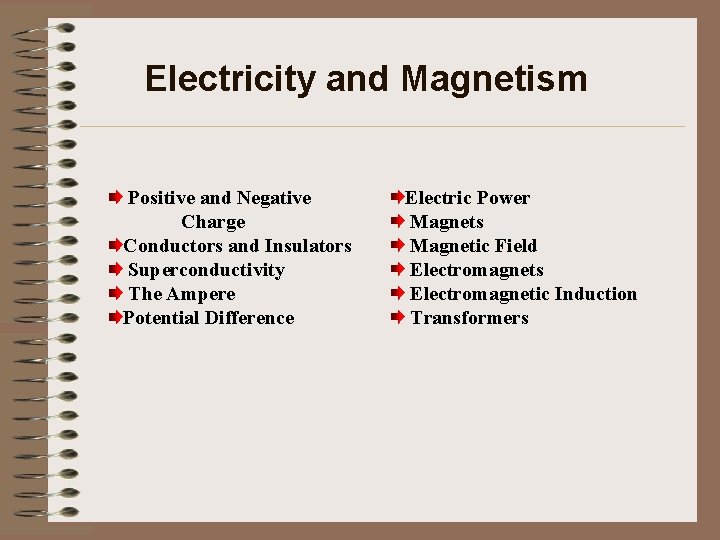 Electricity and Magnetism Positive and Negative Charge Conductors and Insulators Superconductivity The Ampere Potential