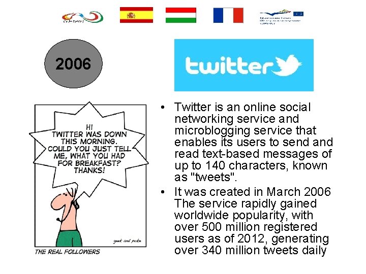 2006 • Twitter is an online social networking service and microblogging service that enables