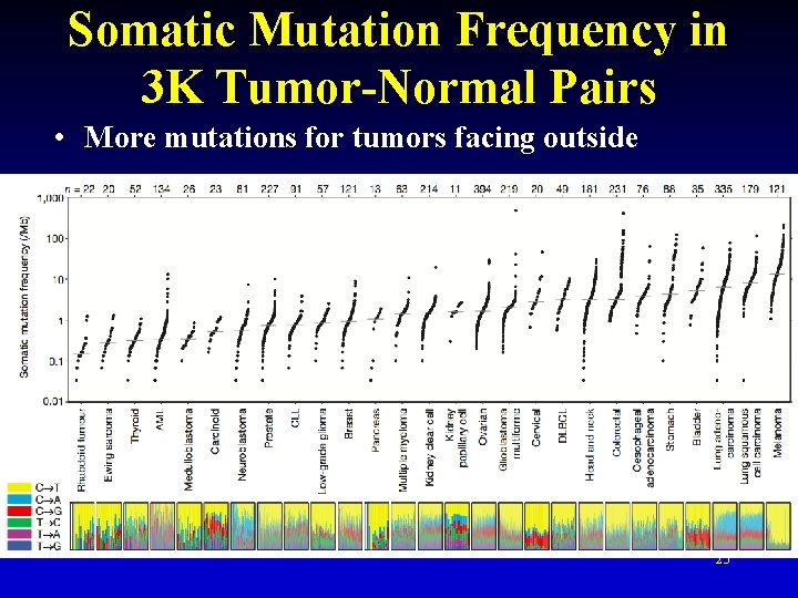 Somatic Mutation Frequency in 3 K Tumor-Normal Pairs • More mutations for tumors facing