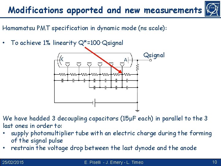 Modifications apported and new measurements Hamamatsu PMT specification in dynamic mode (ns scale): •
