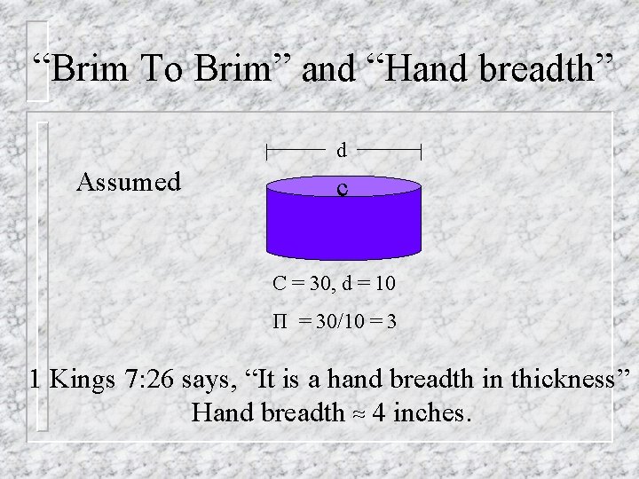 “Brim To Brim” and “Hand breadth” d Assumed c C = 30, d =