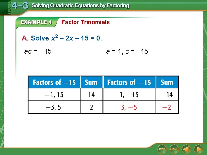 Factor Trinomials A. Solve x 2 – 2 x – 15 = 0. ac