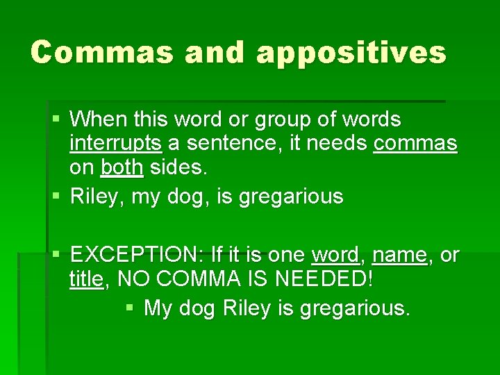 Commas and appositives § When this word or group of words interrupts a sentence,