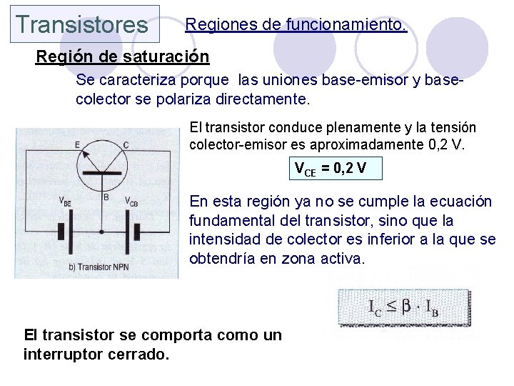 Transistores Regiones de funcionamiento. Región de saturación Se caracteriza porque las uniones base-emisor y