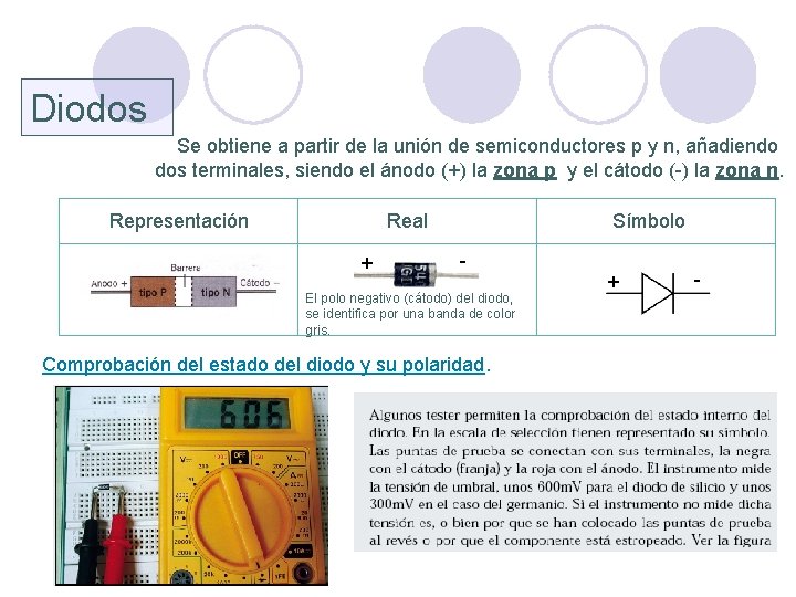 Diodos Se obtiene a partir de la unión de semiconductores p y n, añadiendo