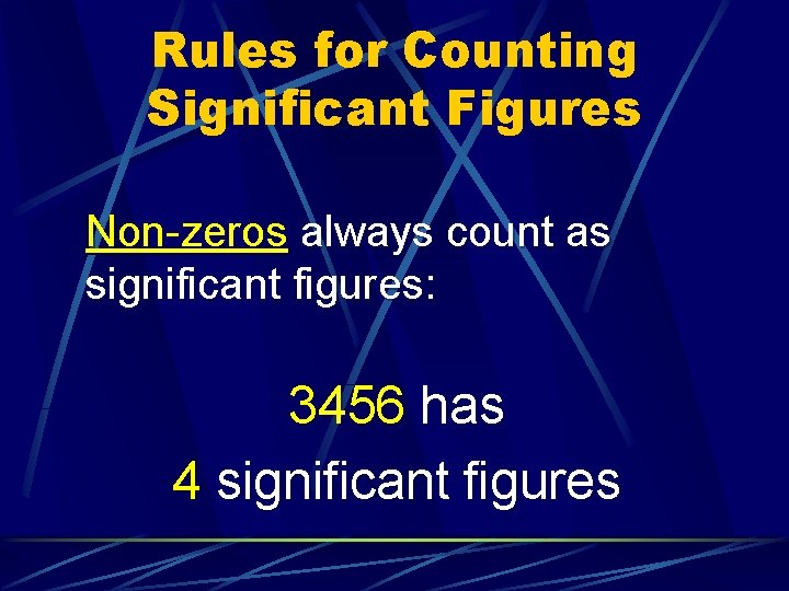Rules for Counting Significant Figures Non-zeros always count as significant figures: 3456 has 4