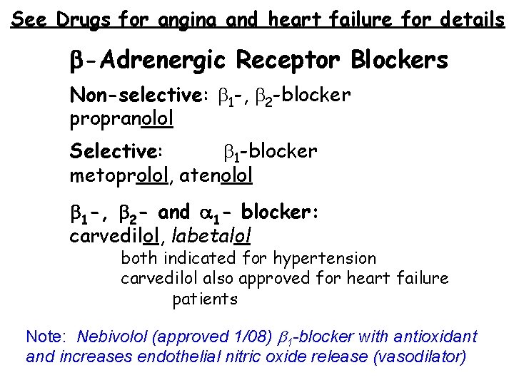 See Drugs for angina and heart failure for details -Adrenergic Receptor Blockers Non-selective: 1