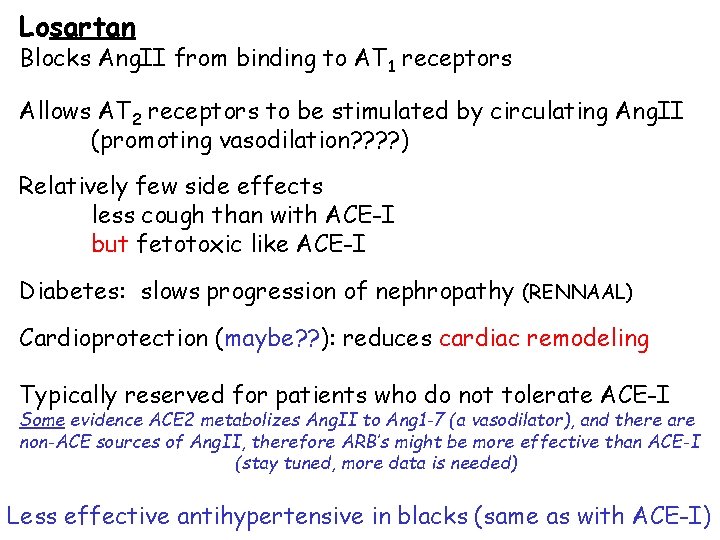 Losartan Blocks Ang. II from binding to AT 1 receptors Allows AT 2 receptors