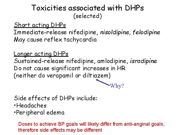 Toxicities associated with DHPs (selected) Short acting DHPs Immediate-release nifedipine, nisoldipine, felodipine May cause