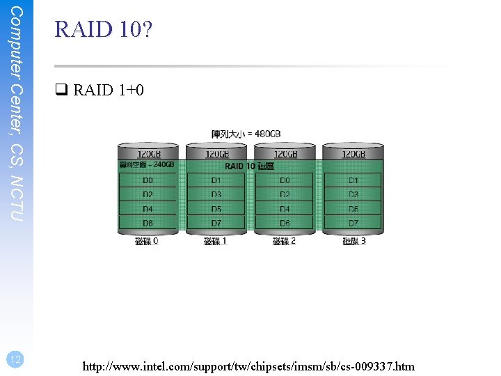 Computer Center, CS, NCTU 12 RAID 10? q RAID 1+0 http: //www. intel. com/support/tw/chipsets/imsm/sb/cs-009337.