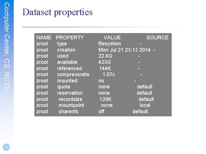 Computer Center, CS, NCTU 29 Dataset properties NAME PROPERTY zroot type zroot creation zroot