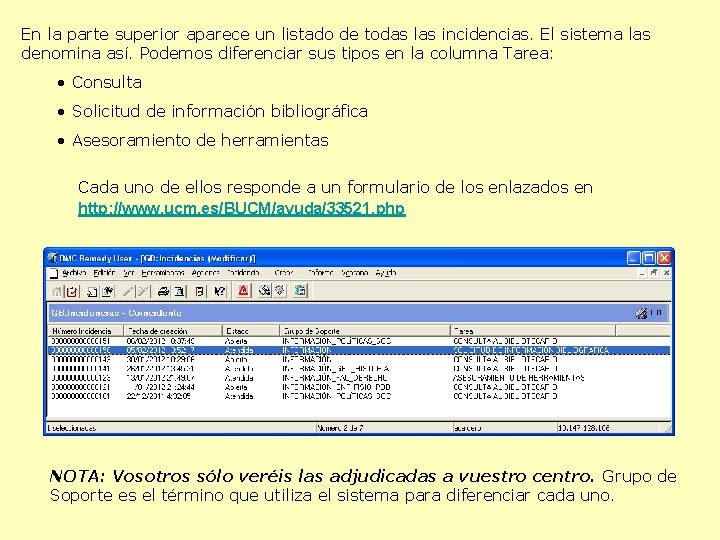 En la parte superior aparece un listado de todas las incidencias. El sistema las