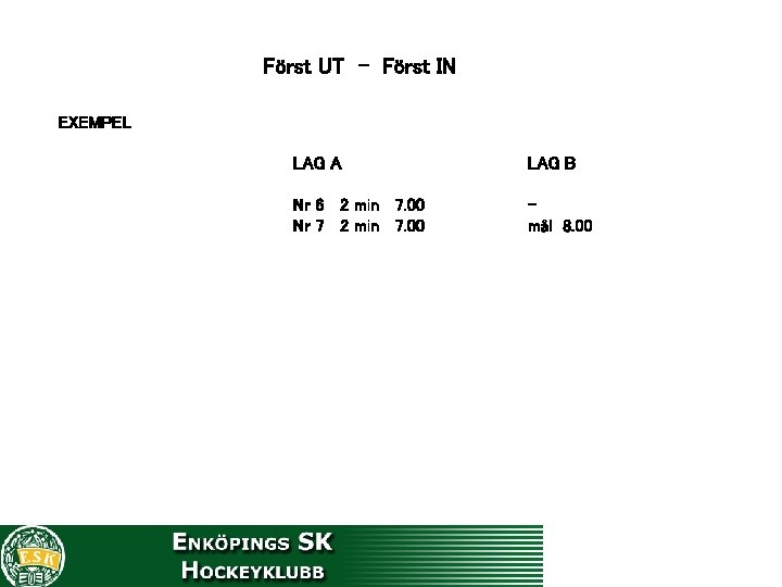 Först UT - Först IN EXEMPEL LAG A LAG B Nr 6 2 min