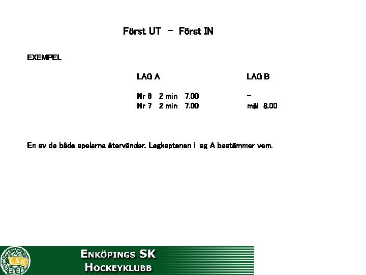 Först UT - Först IN EXEMPEL LAG A LAG B Nr 6 2 min