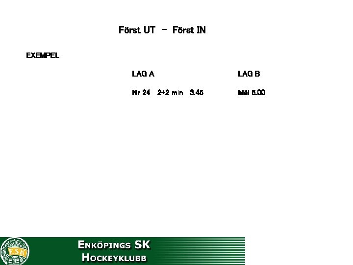 Först UT - Först IN EXEMPEL LAG A LAG B Nr 24 2+2 min