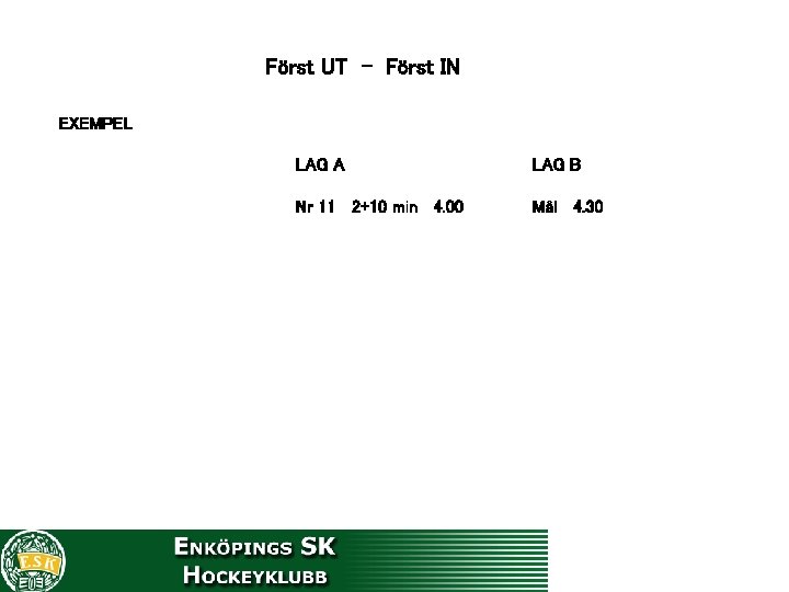 Först UT - Först IN EXEMPEL LAG A LAG B Nr 11 2+10 min