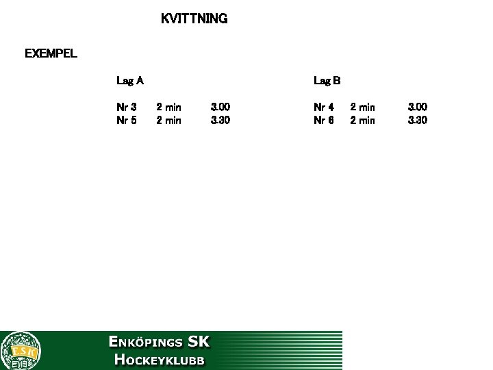 KVITTNING EXEMPEL Lag A Nr 3 Nr 5 Lag B 2 min 3. 00