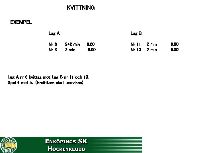 KVITTNING EXEMPEL Lag A Nr 6 Nr 8 Lag B 2+2 min 9. 00