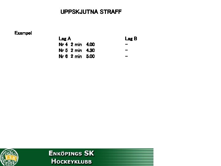UPPSKJUTNA STRAFF Exempel Lag A Nr 4 2 min 4. 00 Nr 5 2
